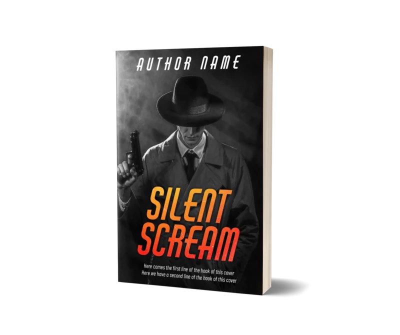 Noir-inspired book cover mockup with a shadowy figure in a fedora holding a gun, titled 'Silent Scream,' hinting at a thrilling crime story.