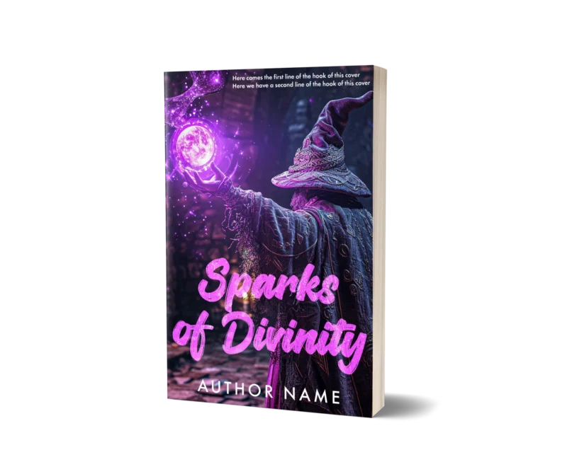Mystical wizard conjuring a glowing orb of purple energy on 'Sparks of Divinity' book cover mockup, evoking magical prowess and otherworldly forces.