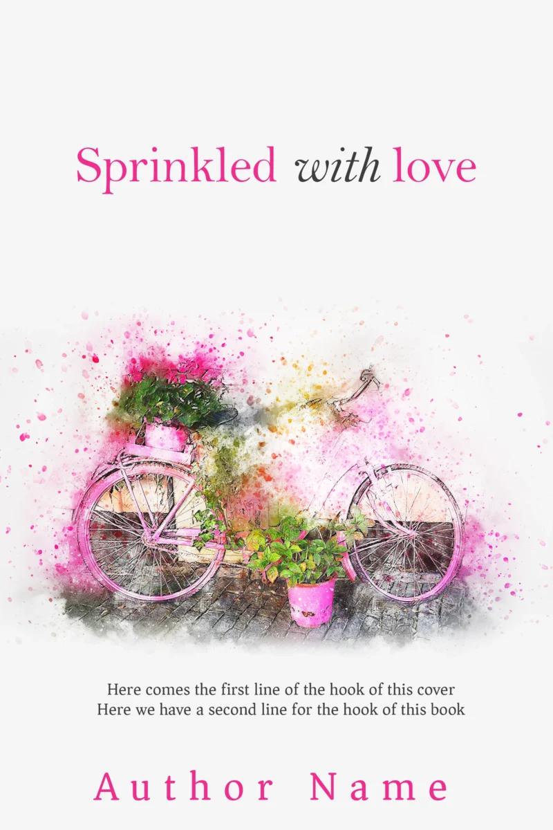 watercolor-style book cover with a pink bicycle and flowers, perfect for a romantic novel