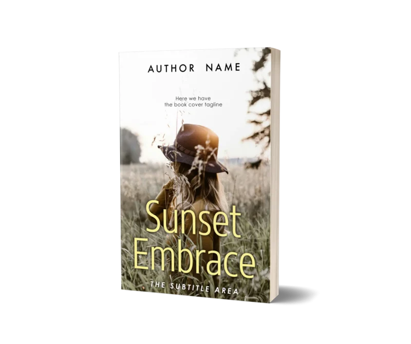 Woman in a field at dusk wearing a hat on the book cover mockup for 'Sunset Embrace,' radiating warmth and contemplation