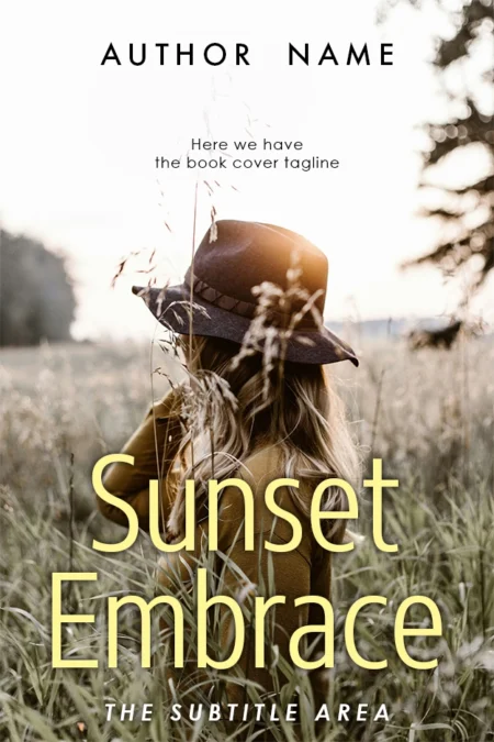 Woman in a field at dusk wearing a hat on the book cover for 'Sunset Embrace,' radiating warmth and contemplation.