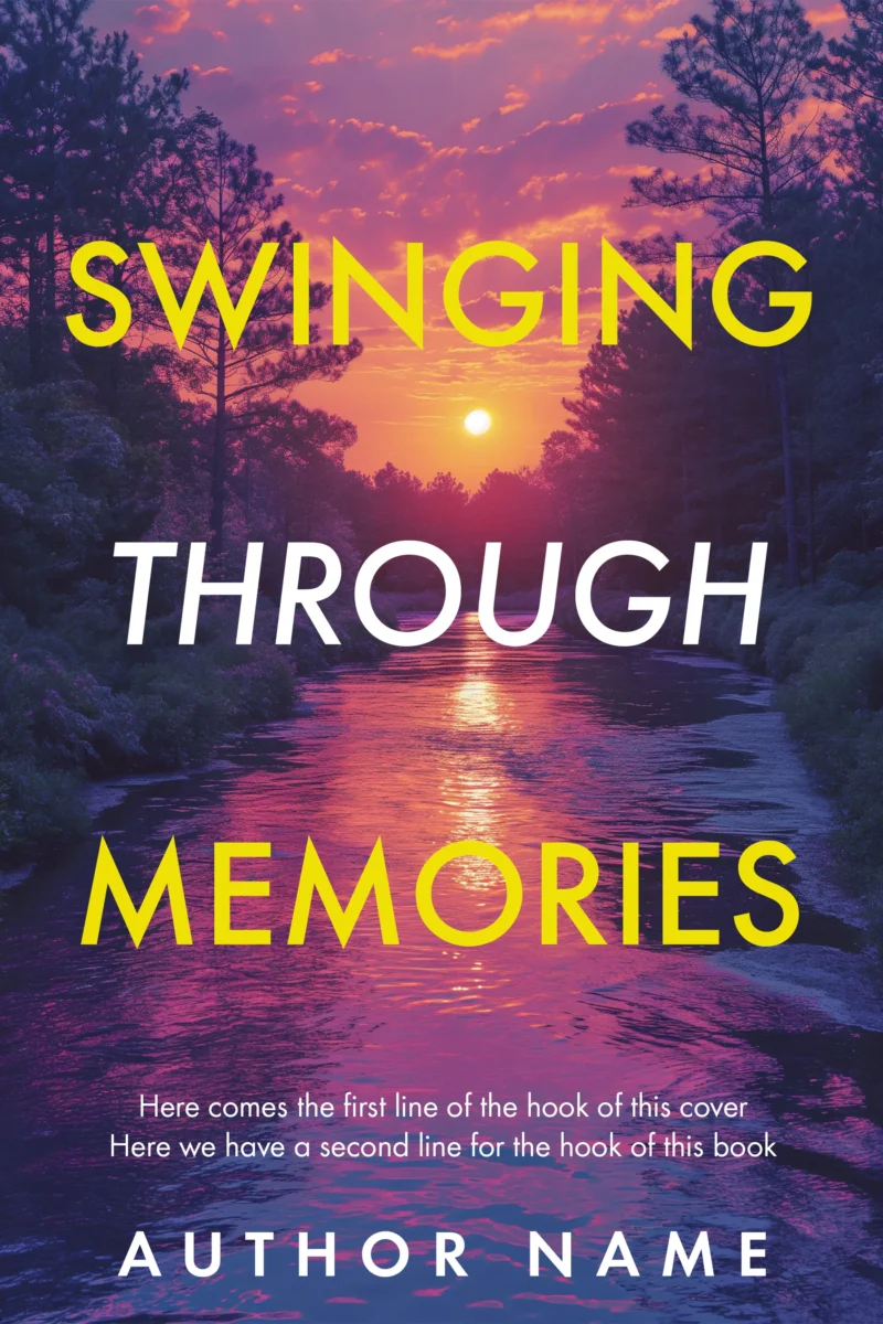 Serene sunset over a river with forest silhouette on 'Swinging Through Memories' book cover.