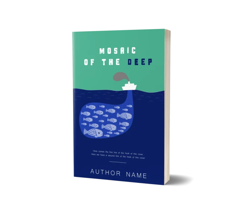 Whimsical illustration of a submarine mosaic filled with fish on the book cover mockup for 'Mosaic of the Deep,' suggesting underwater exploration.