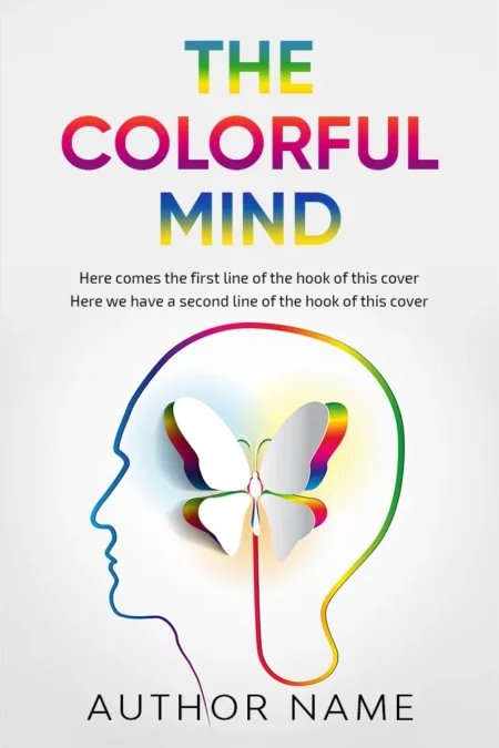 Colorful silhouette of a human head with a butterfly brain on the book cover for 'The Colorful Mind,' representing creativity and mental diversity.
