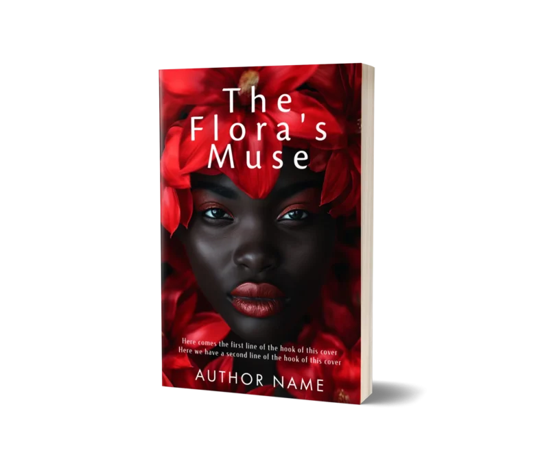 Striking portrait of a woman framed by vibrant red petals on the book cover mockup for 'The Flora's Muse,' symbolizing beauty and nature's inspiration.