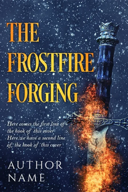 Flaming sword with a frost-covered hilt set against a snowy backdrop on the book cover for 'The Frostfire Forging,' epitomizing a clash of elements.