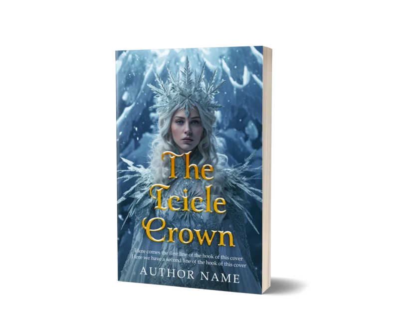 Queen adorned with an intricate icicle crown in a wintry landscape on the book cover mockup for 'The Icicle Crown,' embodying regal frost and sovereignty.