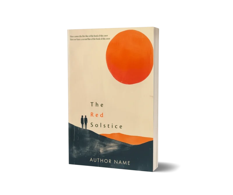 A stark red sun hangs over two silhouetted figures in a desolate landscape on the cover mockup of 'The Red Solstice,' evoking a sense of dystopian isolation.
