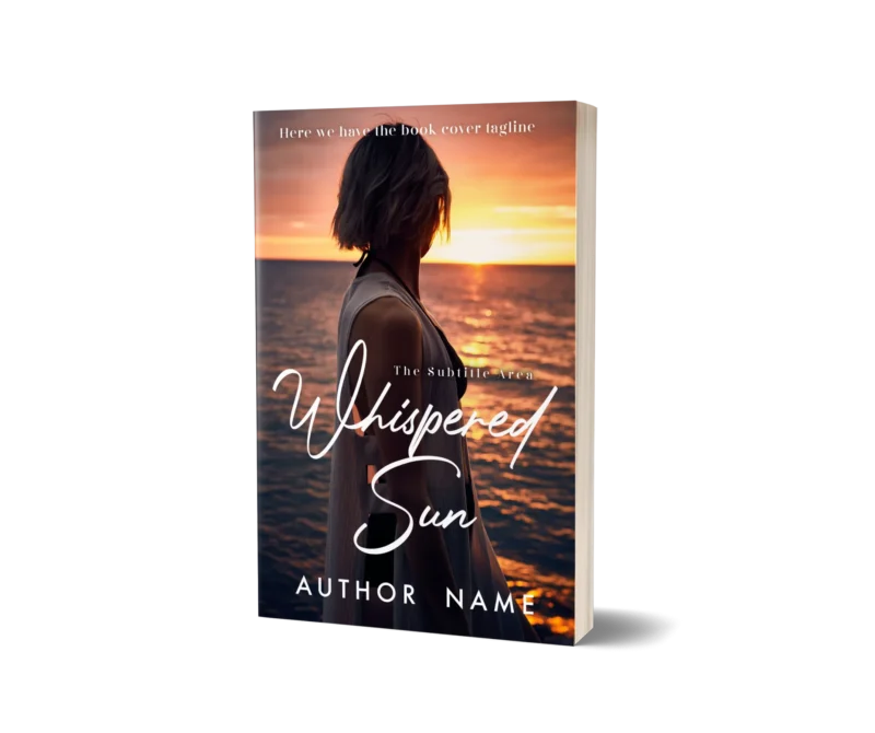 Woman gazing into a stunning sunset over the ocean on the book cover mockup for 'Whispered Sun,' evoking a sense of contemplation and renewal.