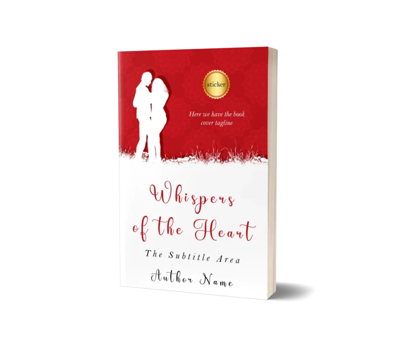 Silhouette of a couple in an embrace on a romantic red floral background on the book cover mockup for 'Whispers of the Heart.