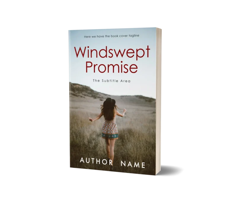 Joyful woman with open arms in a field, symbolizing freedom on the book cover mockup for 'Windswept Promise.