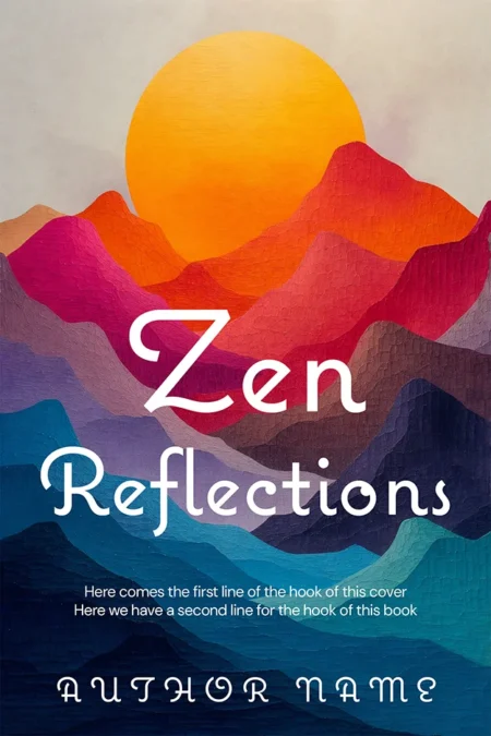 Colorful mountain landscape with a rising sun illustrating 'Zen Reflections' book cover.