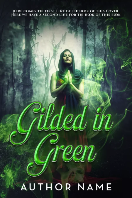 Gilded in Green book cover featuring a cloaked figure surrounded by green mist in a forest, capturing a romantic paranormal theme.