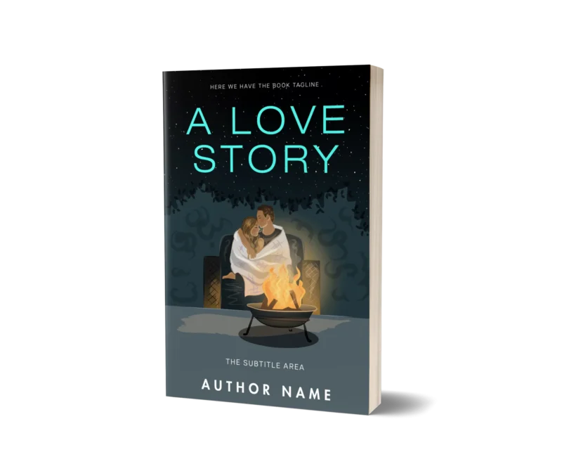 A couple wrapped in a blanket by a fire pit under a starry sky on the 'A Love Story' book cover mockup, encapsulating romantic intimacy.
