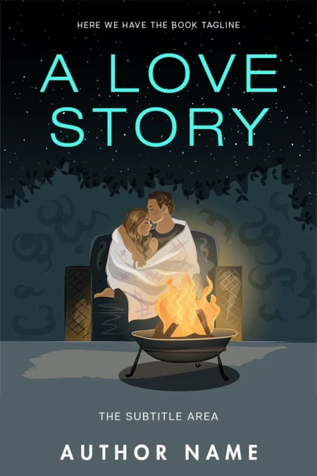 A couple wrapped in a blanket by a fire pit under a starry sky on the 'A Love Story' book cover, encapsulating romantic intimacy.