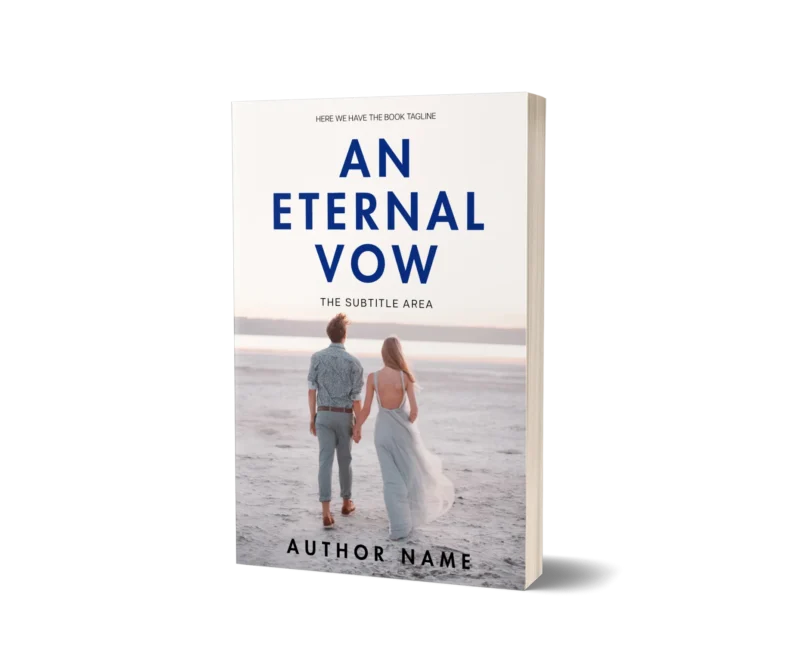 A couple holding hands and walking on the beach at sunset on the 'An Eternal Vow' book cover mockup, symbolizing a journey of lasting commitment.