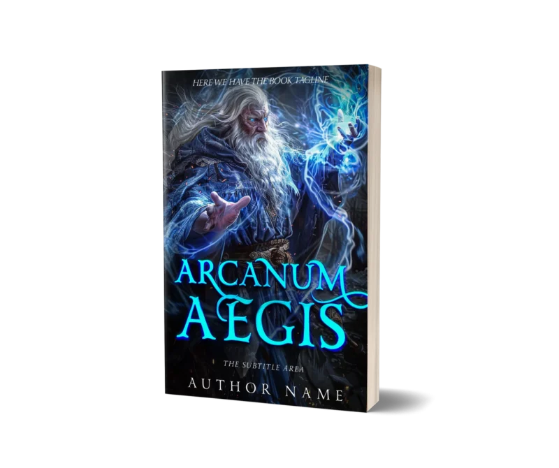 Fantasy book cover mockup titled 'Arcanum Aegis' featuring a powerful wizard channeling blue magical energy.