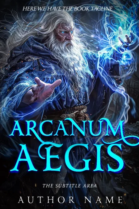 Fantasy book cover titled 'Arcanum Aegis' featuring a powerful wizard channeling blue magical energy.
