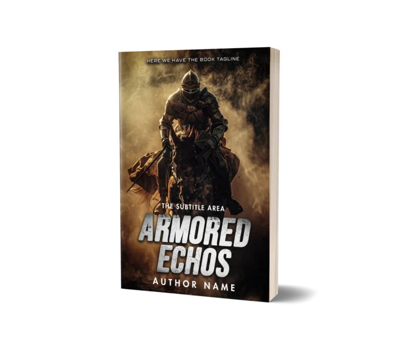 A knight in full armor on horseback, engulfed in battle smoke on the book cover mockup titled 'Armored Echoes'.