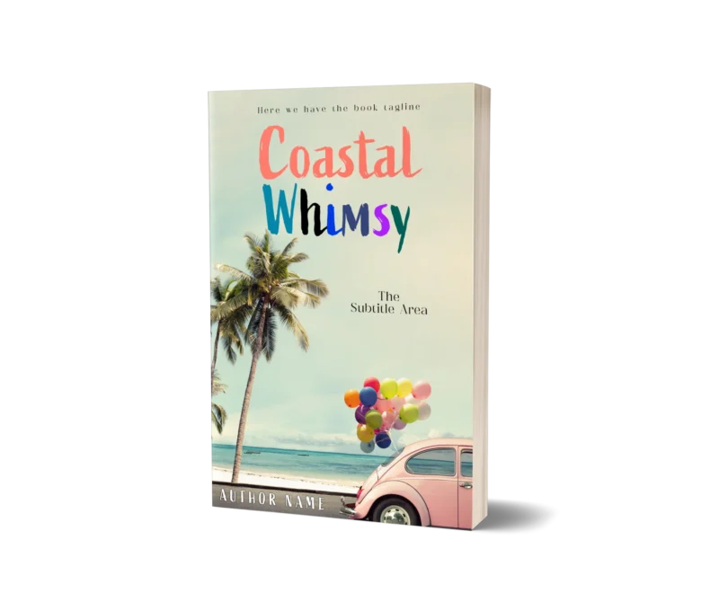 A sunny beach scene with palm trees and a vintage pink car with colorful balloons on the book cover mockup titled 'Coastal Whimsy.