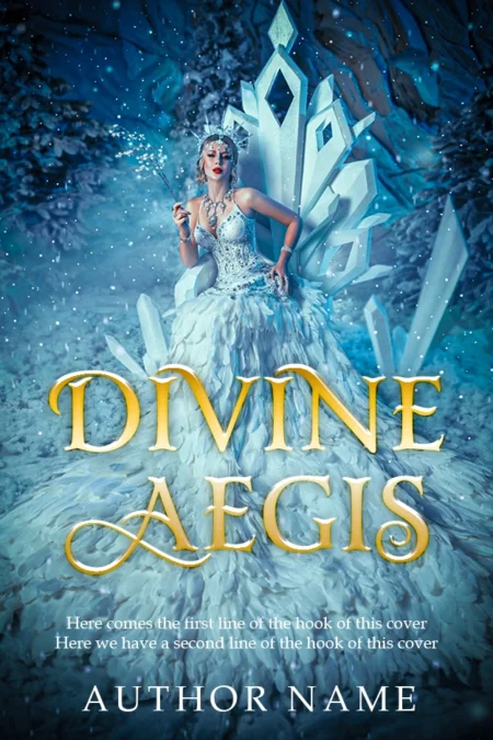 Enchanting ice queen with a crystalline throne on the book cover for 'Divine Aegis,' epitomizing mystical sovereignty.