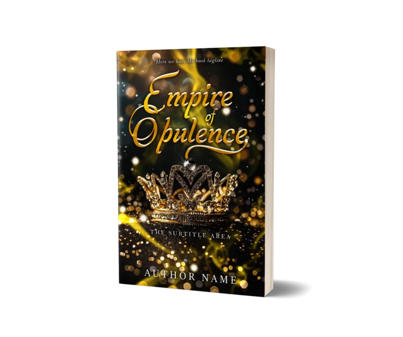 Glistening crown set against a backdrop of golden lights on 'Empire of Opulence' book cover.