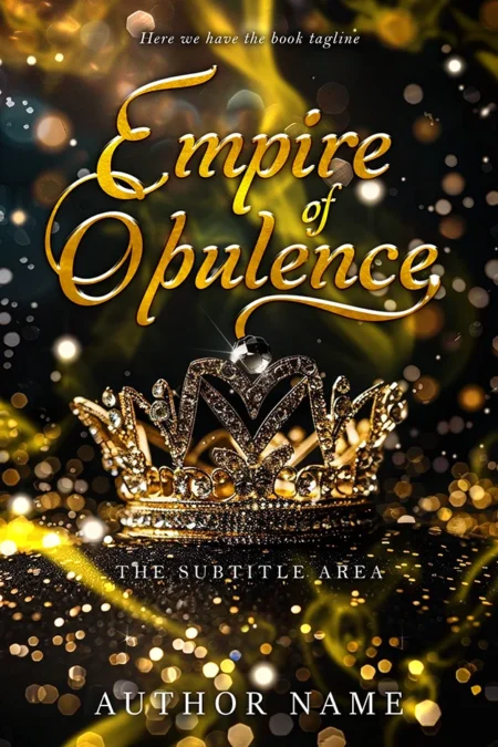 Glistening crown set against a backdrop of golden lights on 'Empire of Opulence' book cover.
