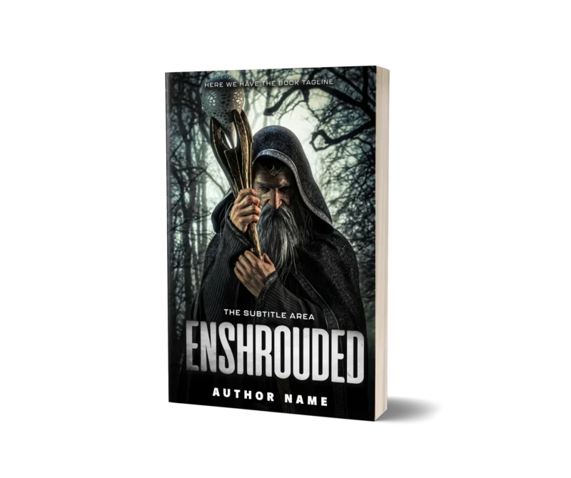 A mystical book cover mockup titled 'Enshrouded featuring a cloaked figure with an ornate staff.