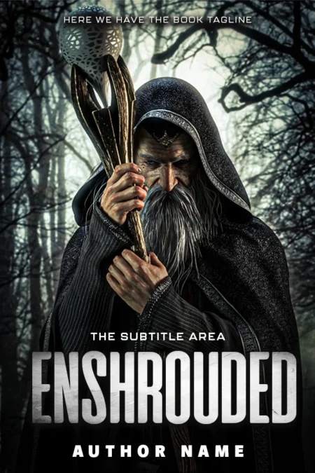 A mystical book cover titled 'Enshrouded' featuring a cloaked figure with an ornate staff.