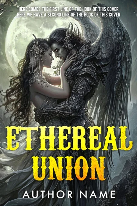 Fantasy book cover with an angelic being and a woman in a mystical embrace under a full moon, titled 'Ethereal Union.