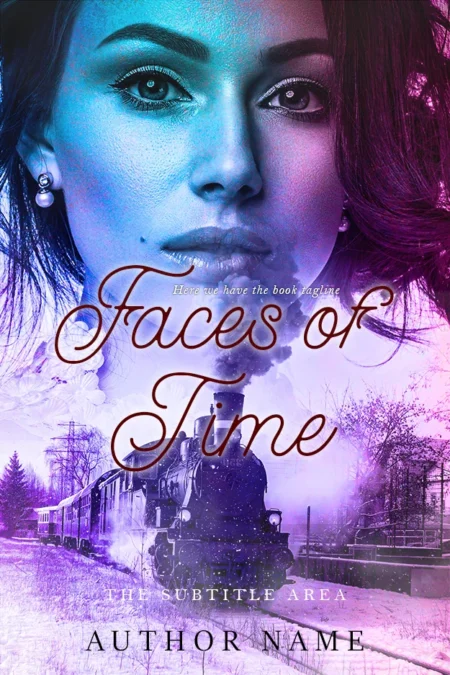 A woman's half-hidden face overlaid with a vintage train image on the book cover titled 'Faces of Time