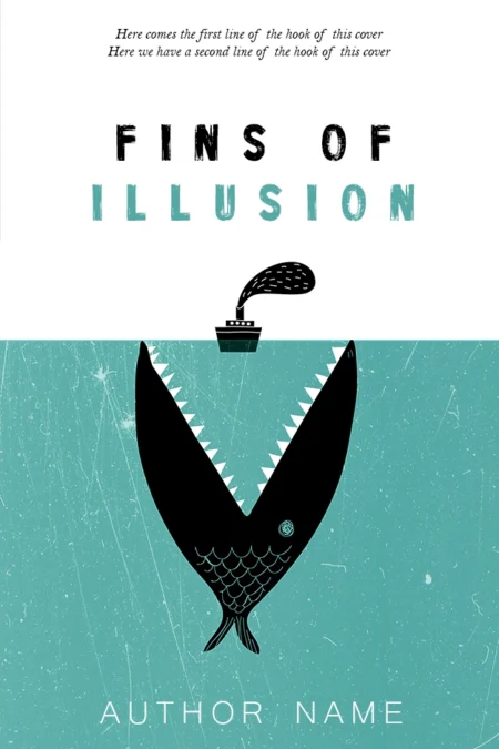 Stylized book cover with a mermaid tail emerging from an inkwell, titled 'Fins of Illusion,' symbolizing fantasy and creativity.