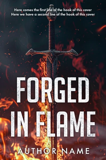 An ancient sword ablaze amidst fiery embers on the book cover for 'Forged in Flame,' symbolizing strength and transformation.