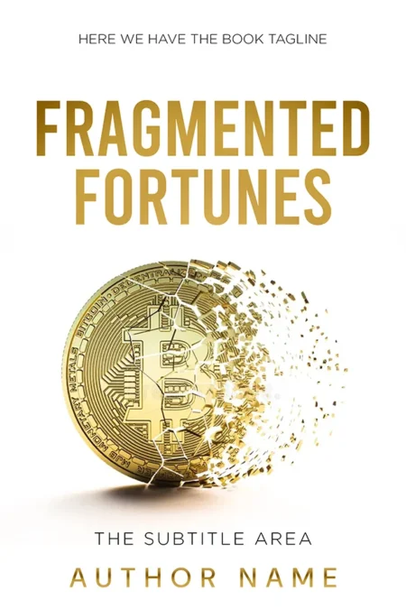 Shattering Bitcoin symbol representing 'Fragmented Fortunes' on a book cover.