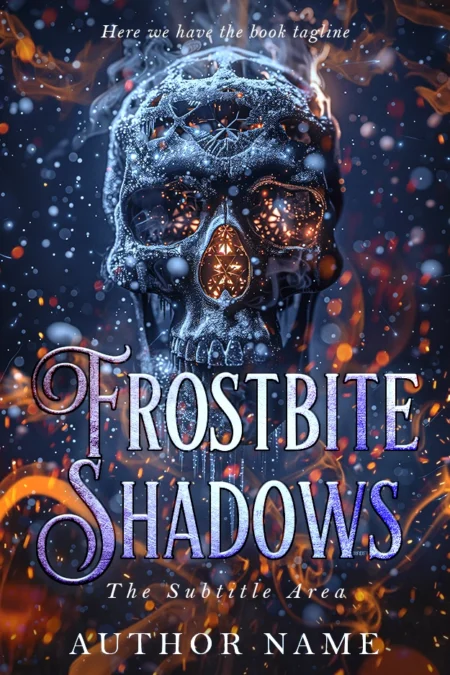 Icy skull with a glowing geometric symbol on the forehead on the book cover for 'Frostbite Shadows,' suggesting a chilling, mystical tale.