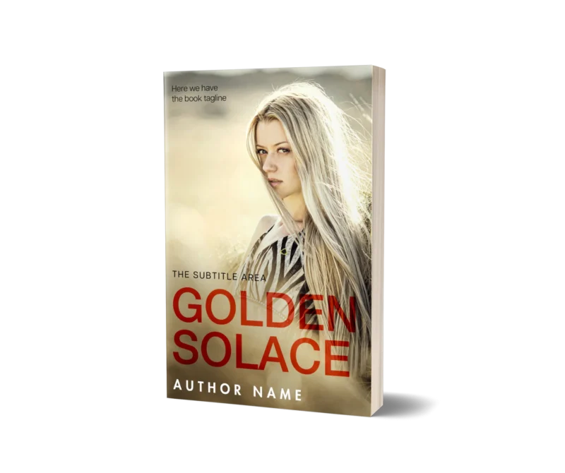 Woman with golden locks looking over her shoulder in the 'Golden Solace' book cover mockup.