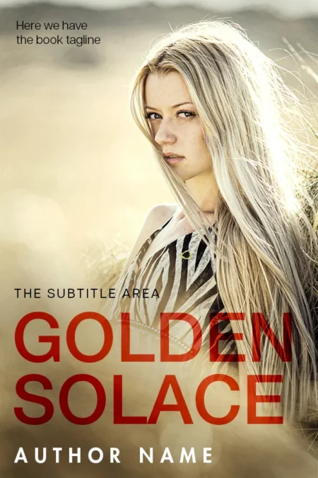 Woman with golden locks looking over her shoulder in the 'Golden Solace' book cover.