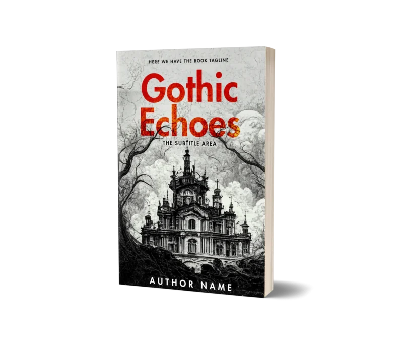An eerie Gothic mansion under a clouded sky on the 'Gothic Echoes' book cover mockup.