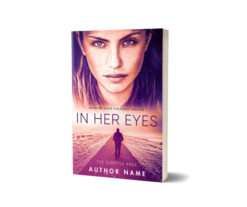 Intense gaze of a woman overlaying a man walking on a deserted road at sunset on 'In Her Eyes' book cover mockup.