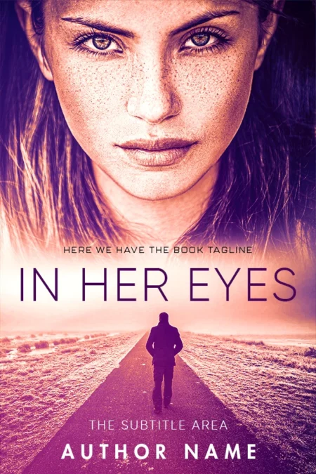 Intense gaze of a woman overlaying a man walking on a deserted road at sunset on 'In Her Eyes' book cover.