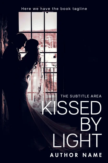 A romantic book cover titled 'Kissed by Light' depicting a silhouette of a couple sharing a tender moment by a window.