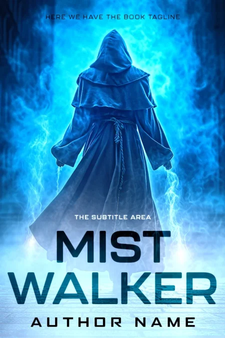 Mysterious hooded figure in blue cloak standing amidst mist, titled 'Mist Walker' for a fantasy book cover.