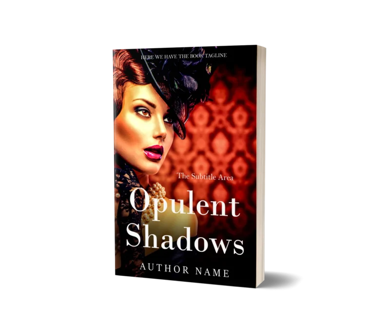 Elegant woman in vintage attire on the book cover mockup titled 'Opulent Shadows.'