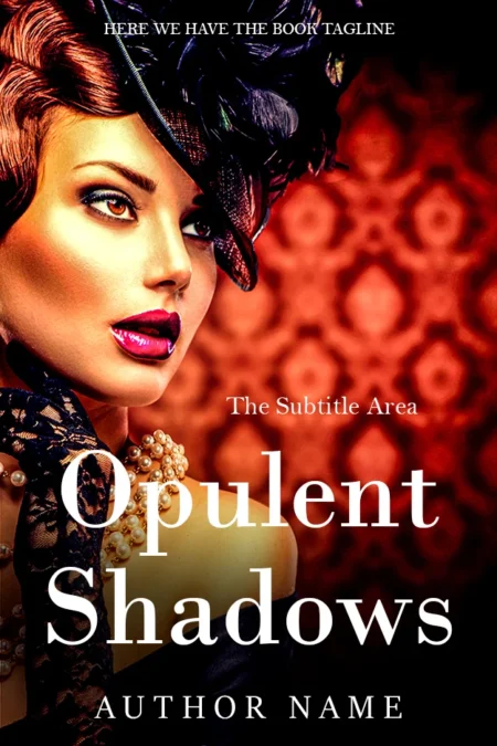 Elegant woman in vintage attire on the book cover titled 'Opulent Shadows.'