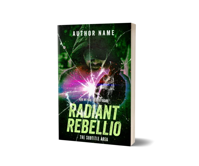 A mysterious figure holding a bright, fracturing light on the 'Radiant Rebellion' book cover mockup.