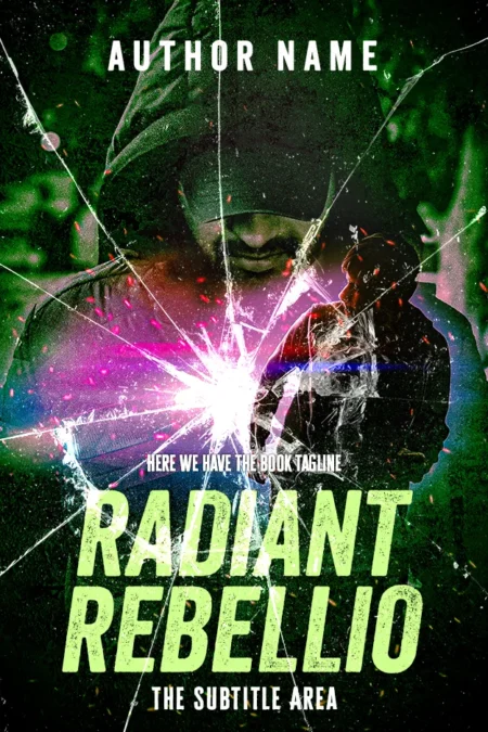 A mysterious figure holding a bright, fracturing light on the 'Radiant Rebellion' book cover.