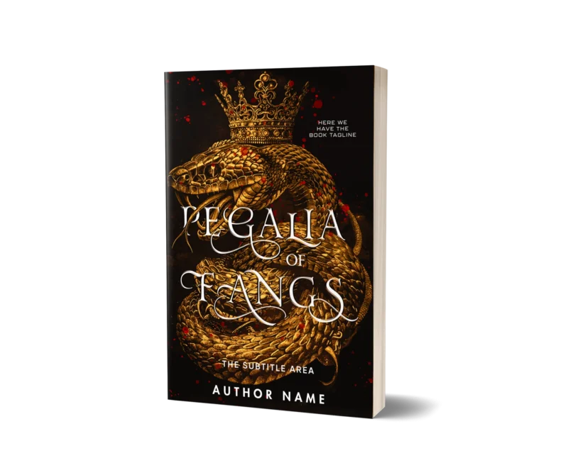 An intricately designed golden crown atop a coiled serpent on the book cover mockup titled 'Regalia of Fangs.'