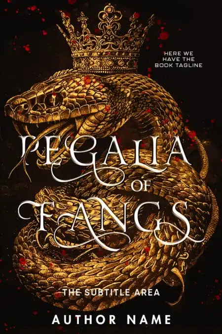 An intricately designed golden crown atop a coiled serpent on the book cover titled 'Regalia of Fangs.'