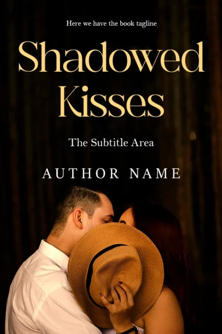 A couple sharing a hidden kiss behind a hat on 'Shadowed Kisses' book cover.
