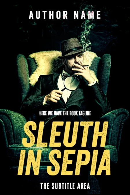Detective with a magnifying glass and smoking a pipe, seated in an armchair, on the 'Sleuth in Sepia' book cover.